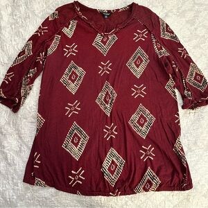Lucky Brand Burgundy Geometric Tunic Top